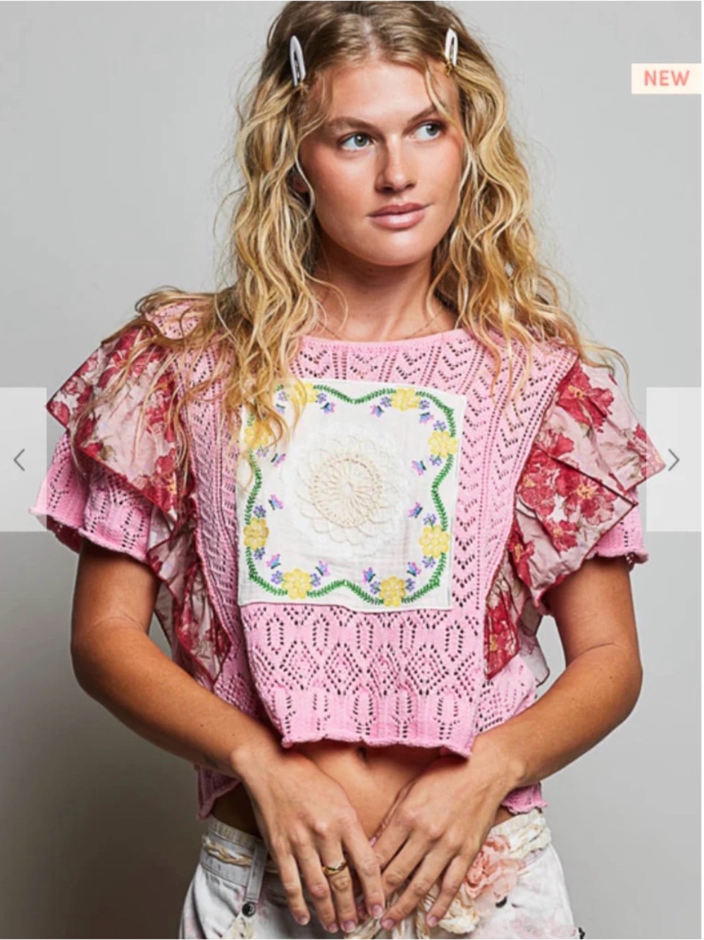 POL Pink Crochet Floral Panel Ruffle Sleeve Top